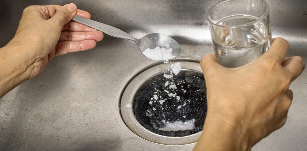 Person adding solution into a garbage disposal.